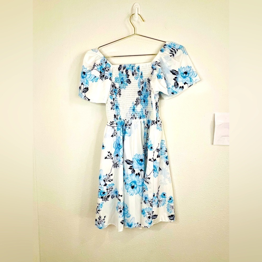 Shein Girls Blue Floral Smocked Off-Shoulder Dress 14Y Cottagecore Summer